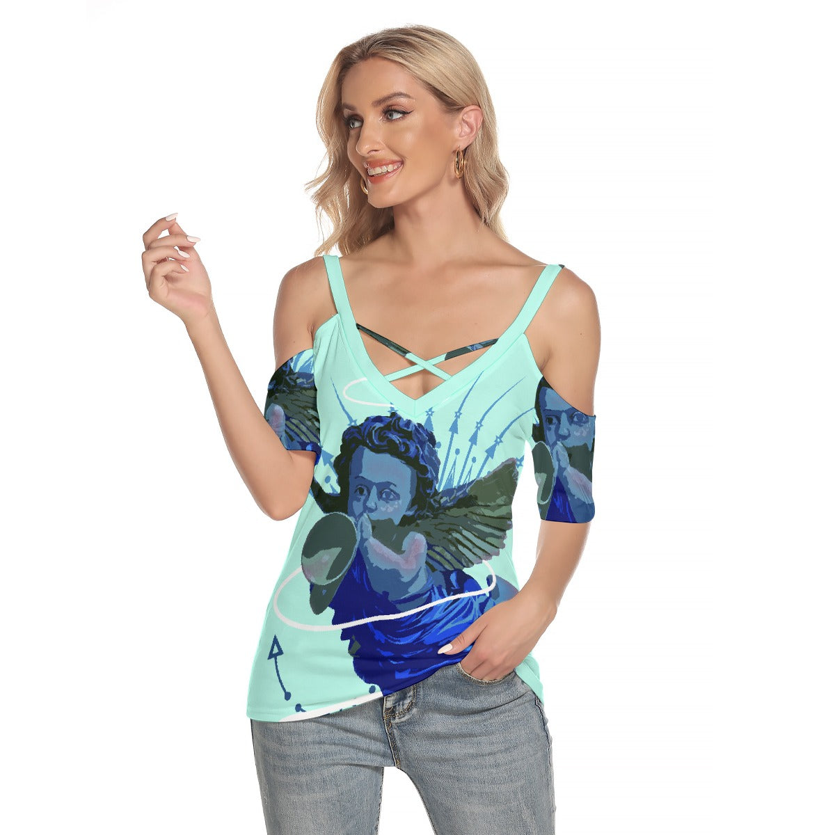 All-Over Print Women's Cold Shoulder T-shirt With Criss Cross Strips