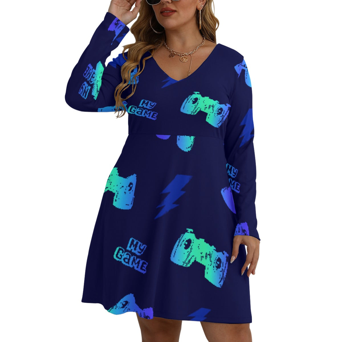 All-Over Print Women's V-neck Long Sleeve Dress(Plus Size)