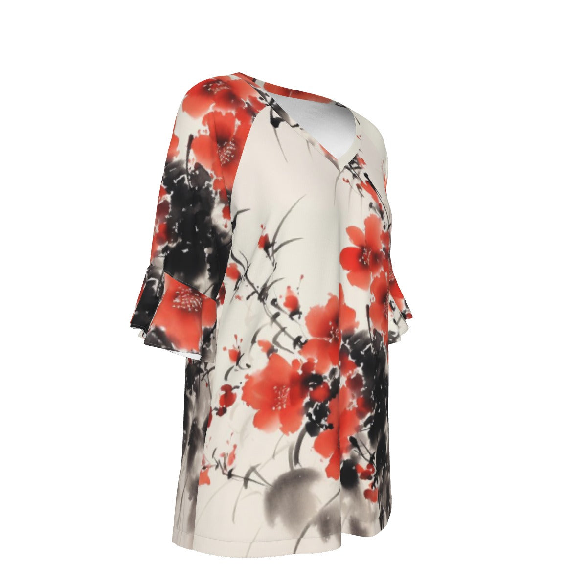 All-Over Print V-neck Women's T-shirt With Bell Sleeve