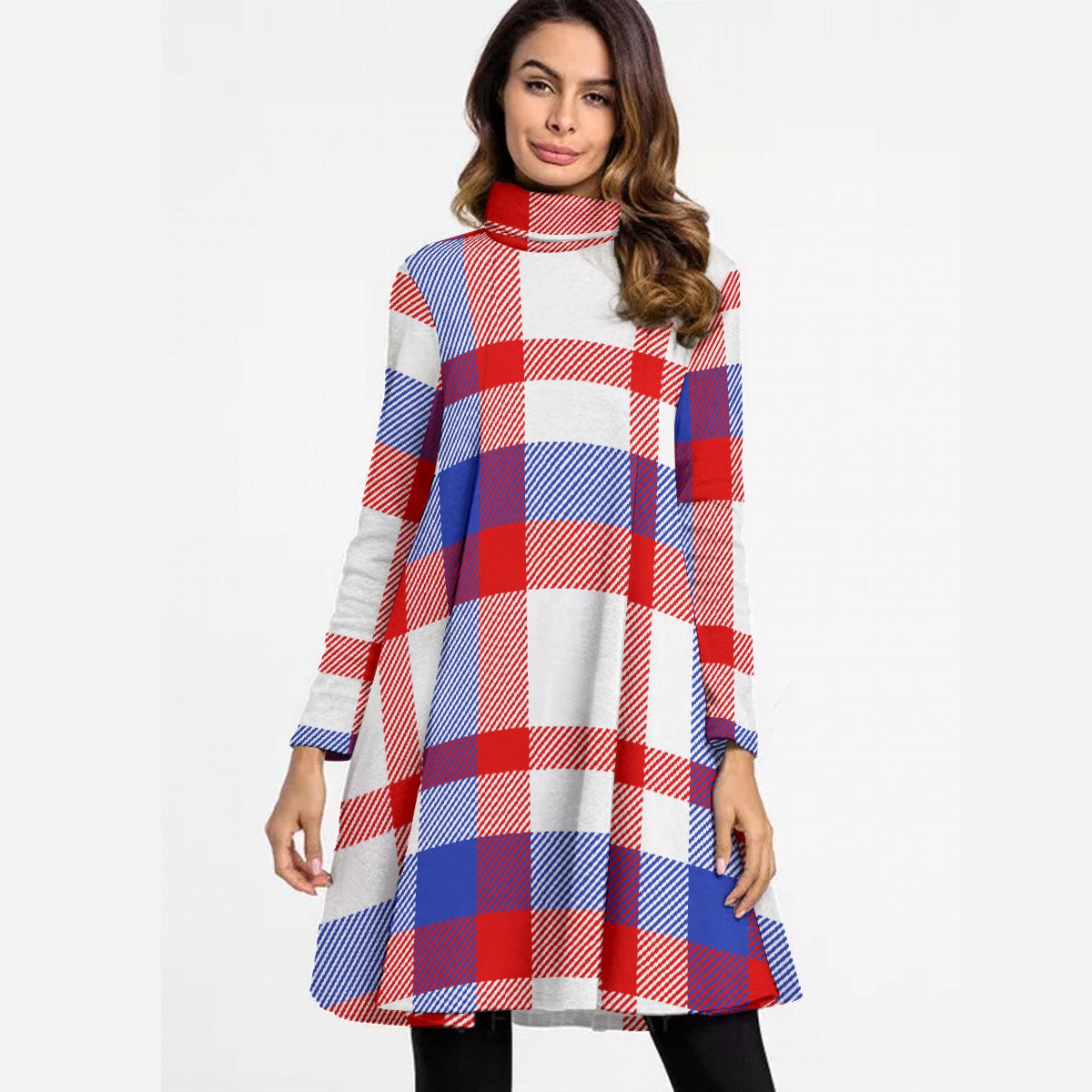 All-Over Print Women's High Neck Dress With Long Sleeve