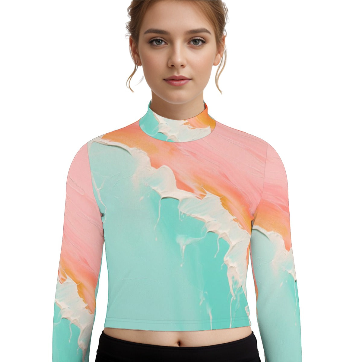 Eco-Friendly All-Over Print Women's Turtleneck T-shirt With Long Sleeve