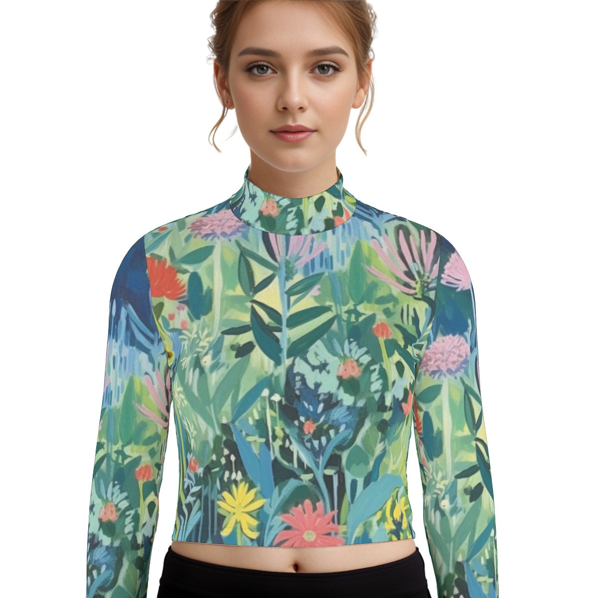 Eco-Friendly All-Over Print Women's Turtleneck T-shirt With Long Sleeve