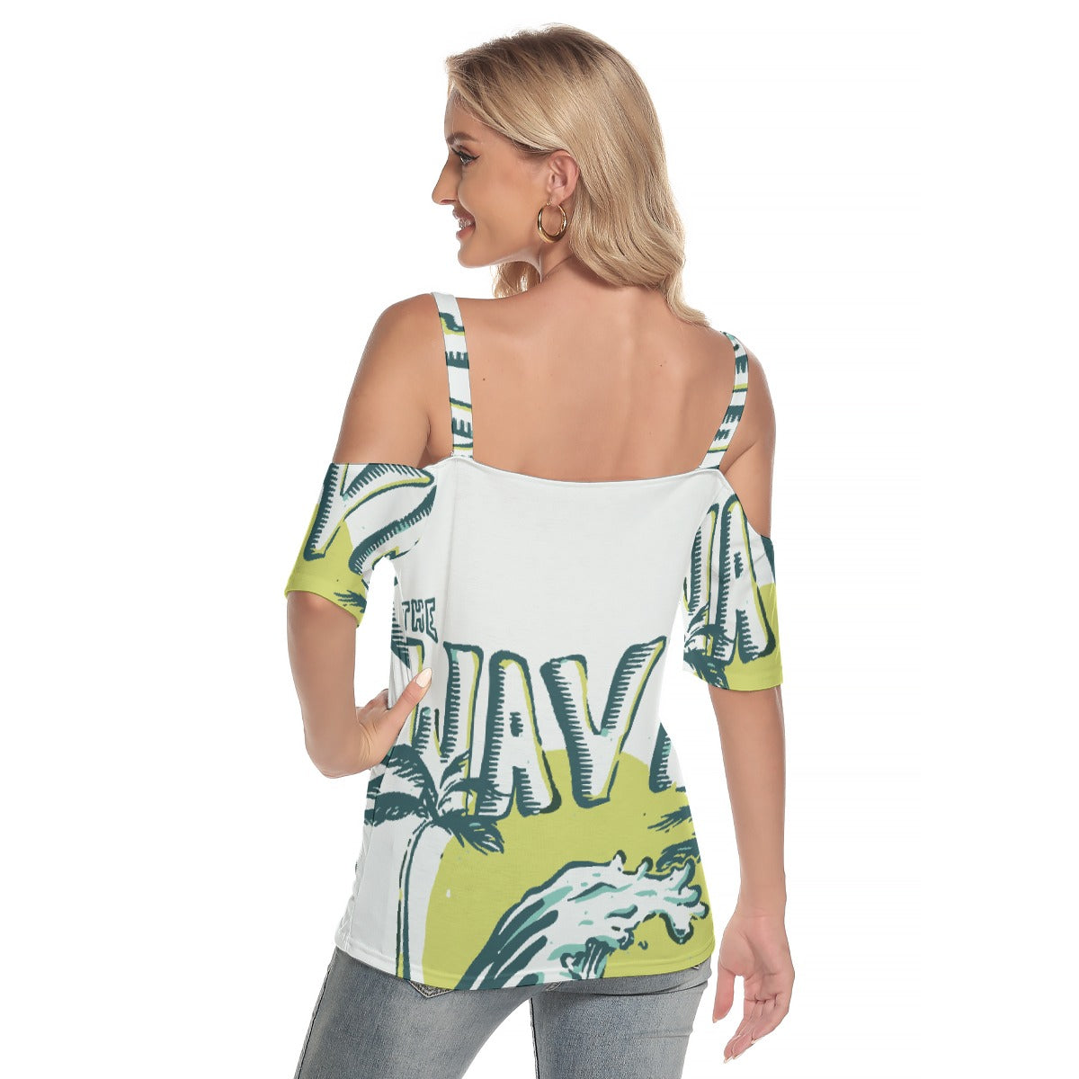 All-Over Print Women's Cold Shoulder T-shirt With Criss Cross Strips