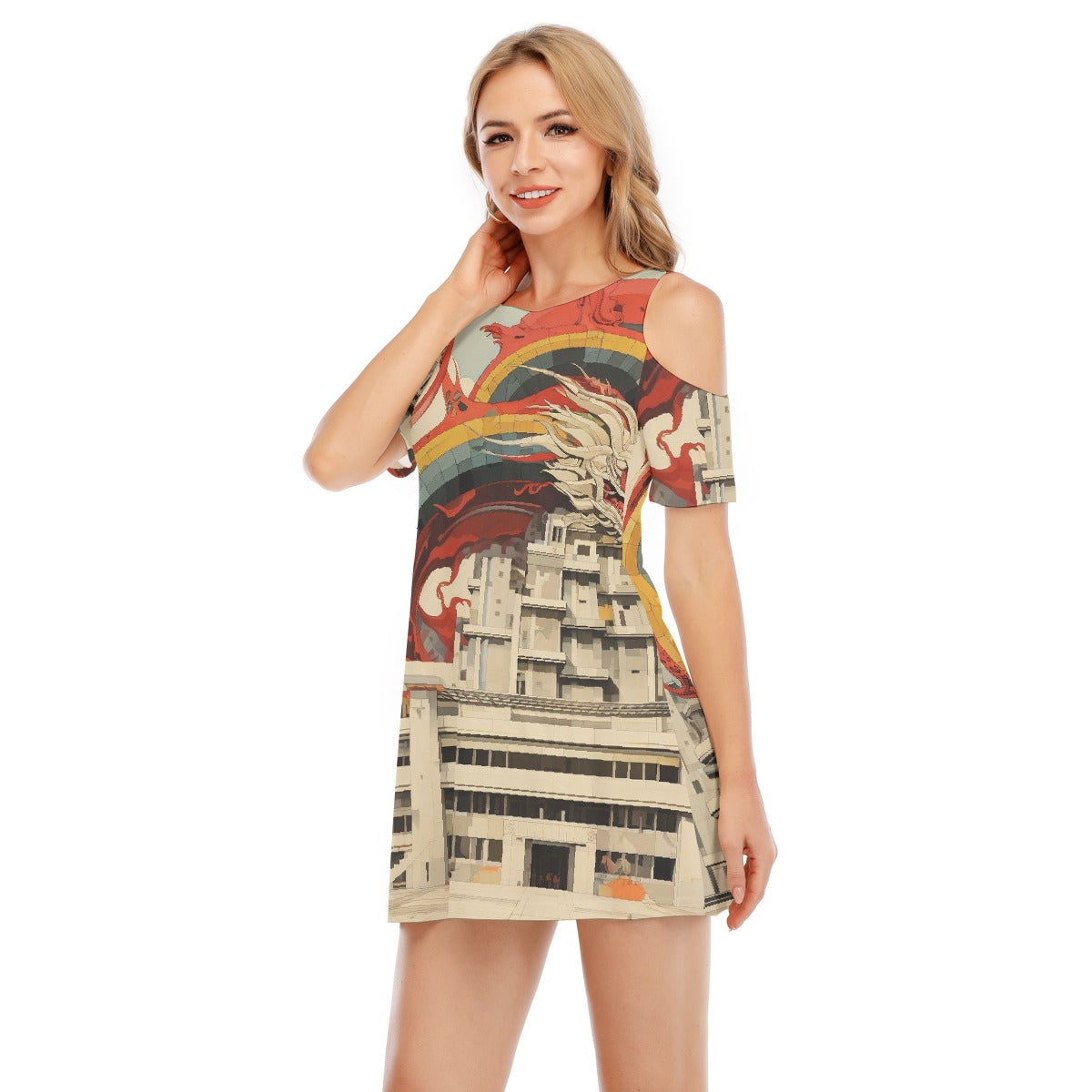 All-Over Print Women's Cold Shoulder Dress | 190GSM Cotton