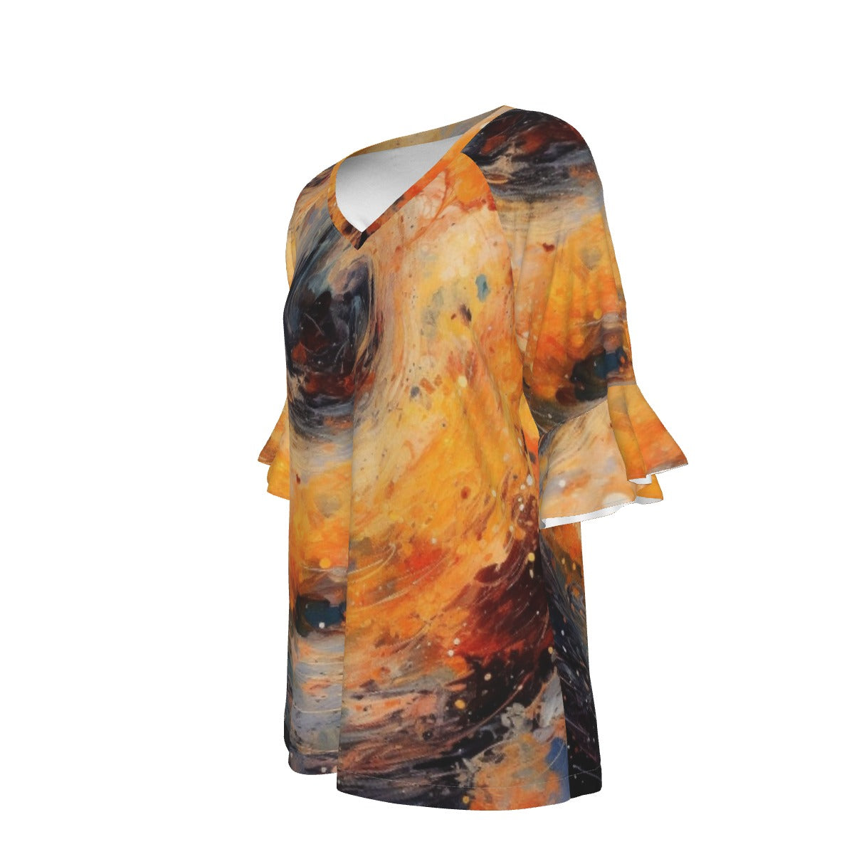 All-Over Print V-neck Women's T-shirt With Bell Sleeve