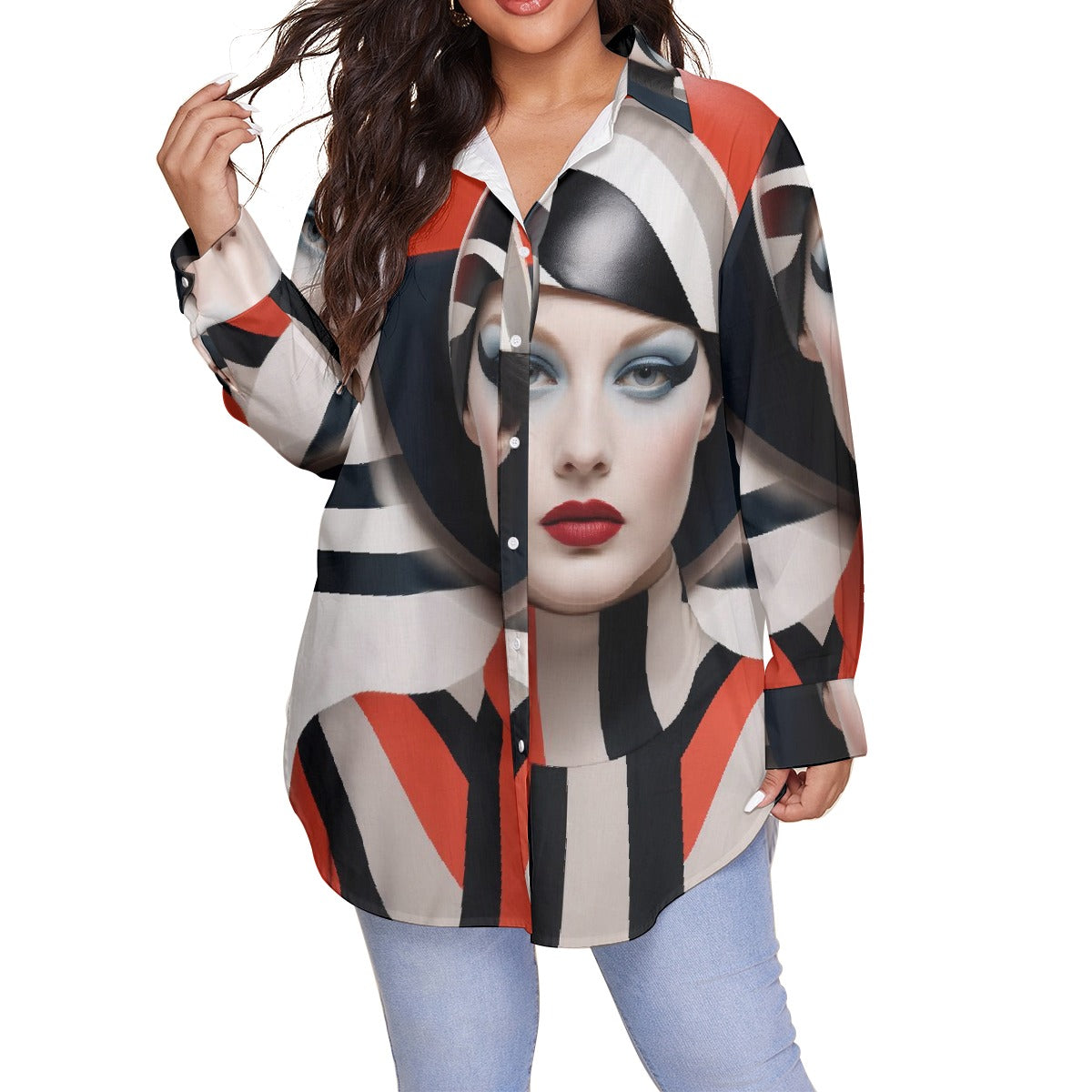 All-Over Print Women's Shirt With Long Sleeve(Plus Size)