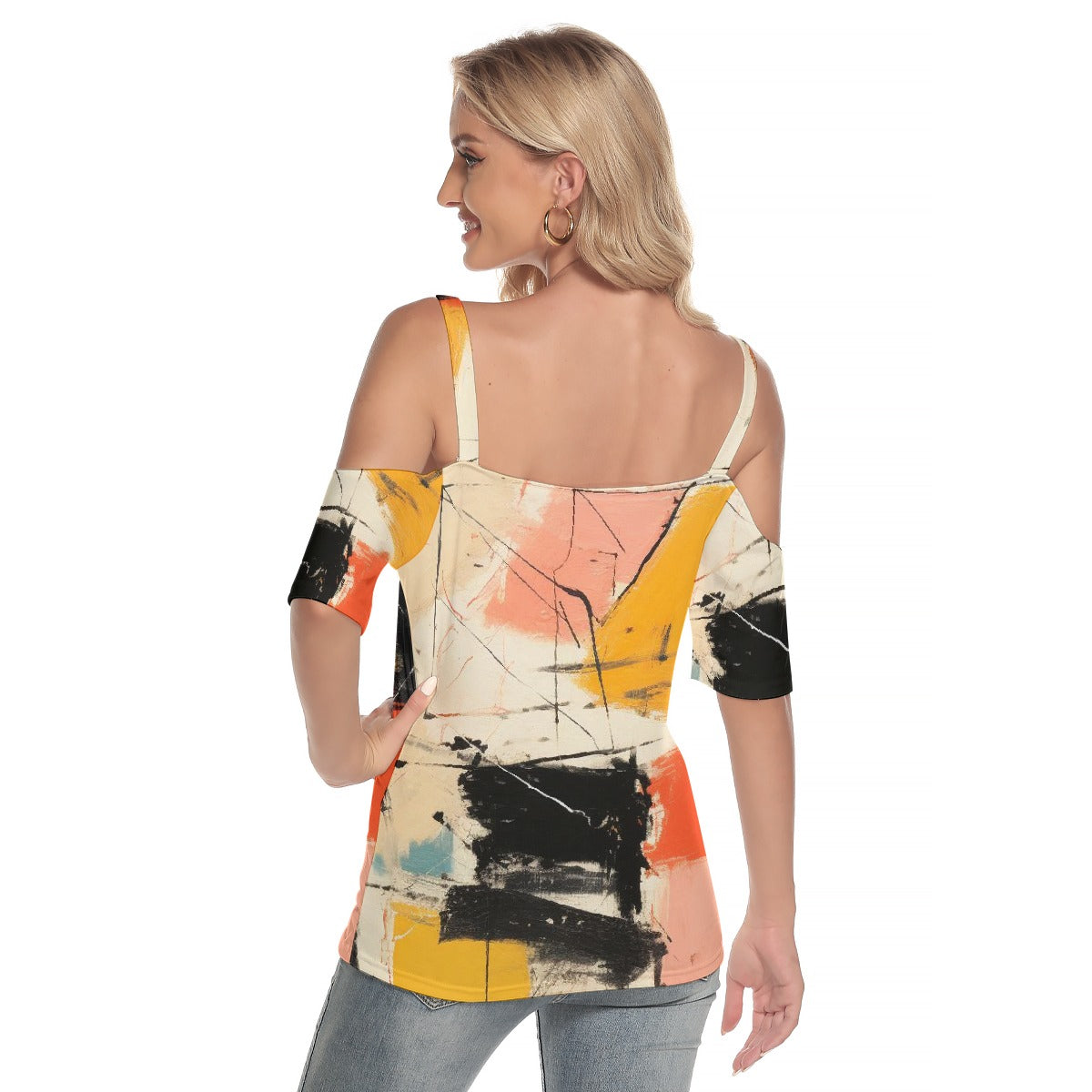 All-Over Print Women's Cold Shoulder T-shirt With Criss Cross Strips