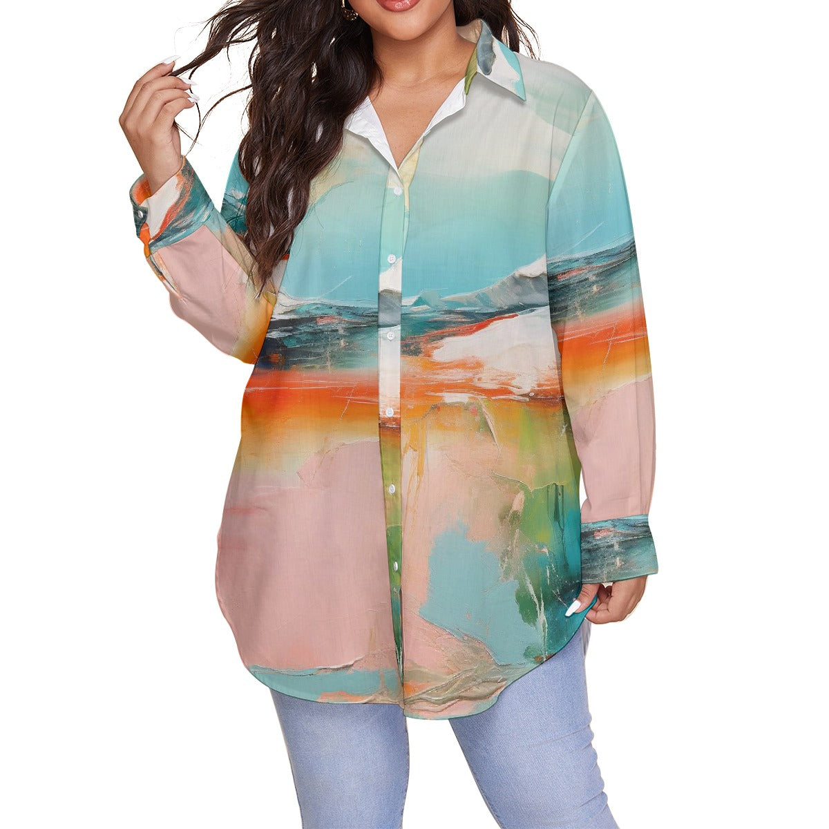 All-Over Print Women's Shirt With Long Sleeve(Plus Size)