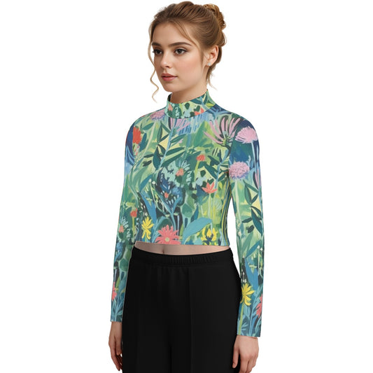 Eco-Friendly All-Over Print Women's Turtleneck T-shirt With Long Sleeve