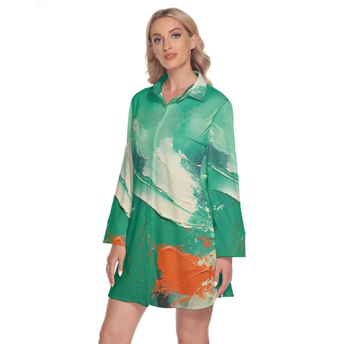 All-Over Print Women's Lapel Shirt Dress With Long Sleeve