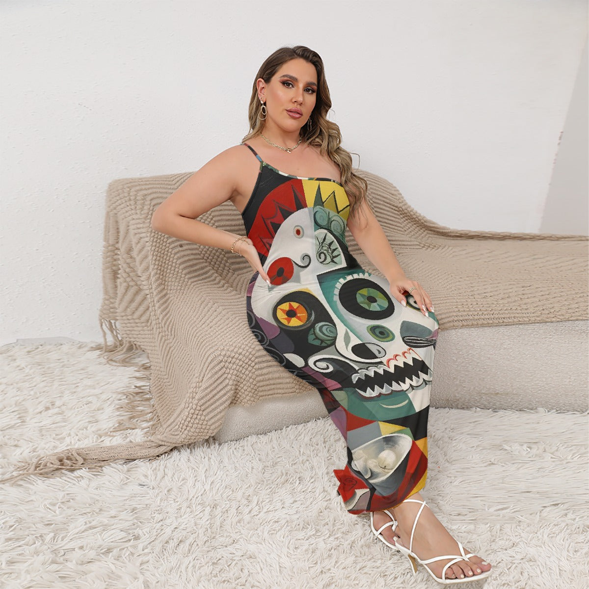 All-Over Print Women's Oblique-Shoulder Exposure Dress With Side Split (Plus Size)