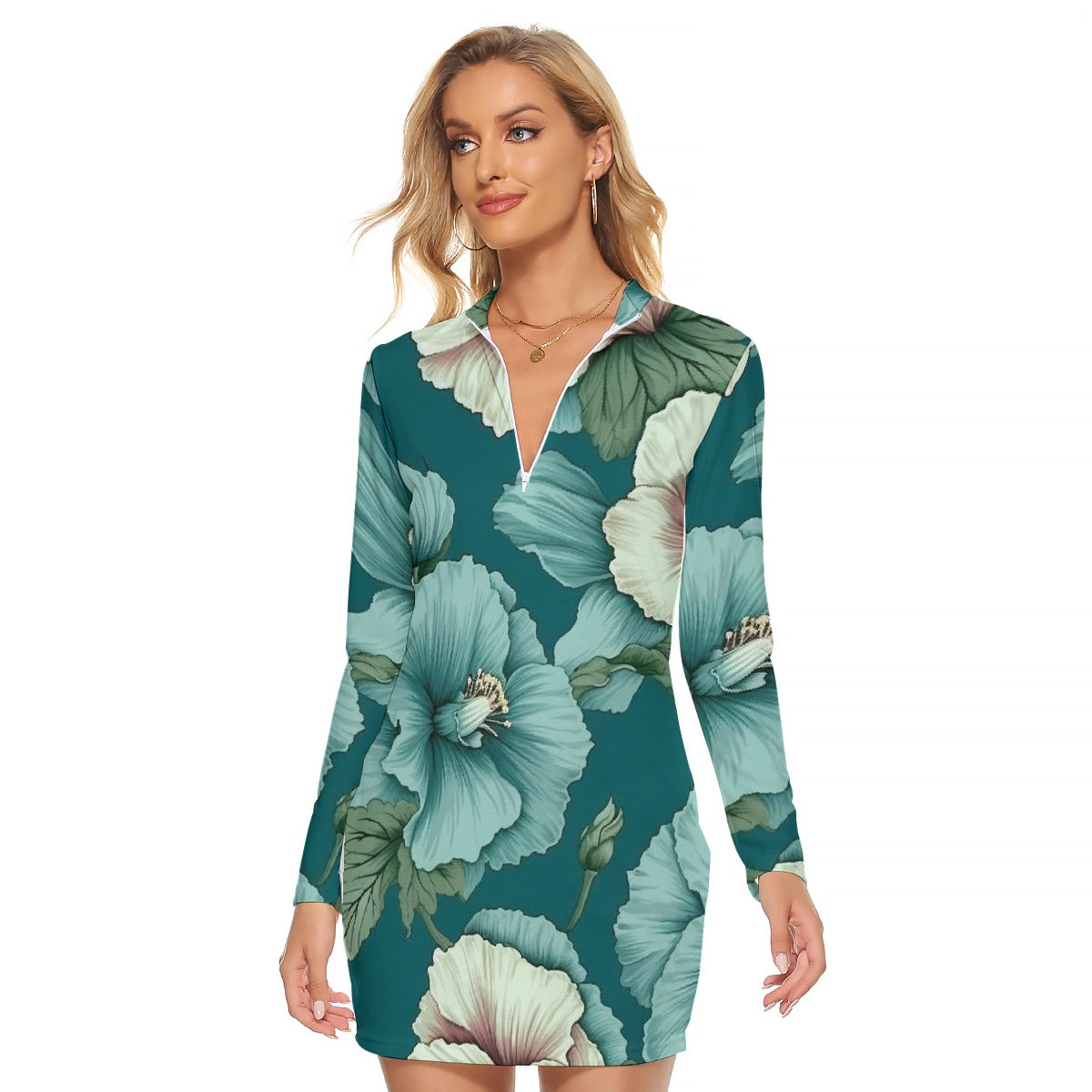 All-Over Print Women's Zip Front Tight Dress