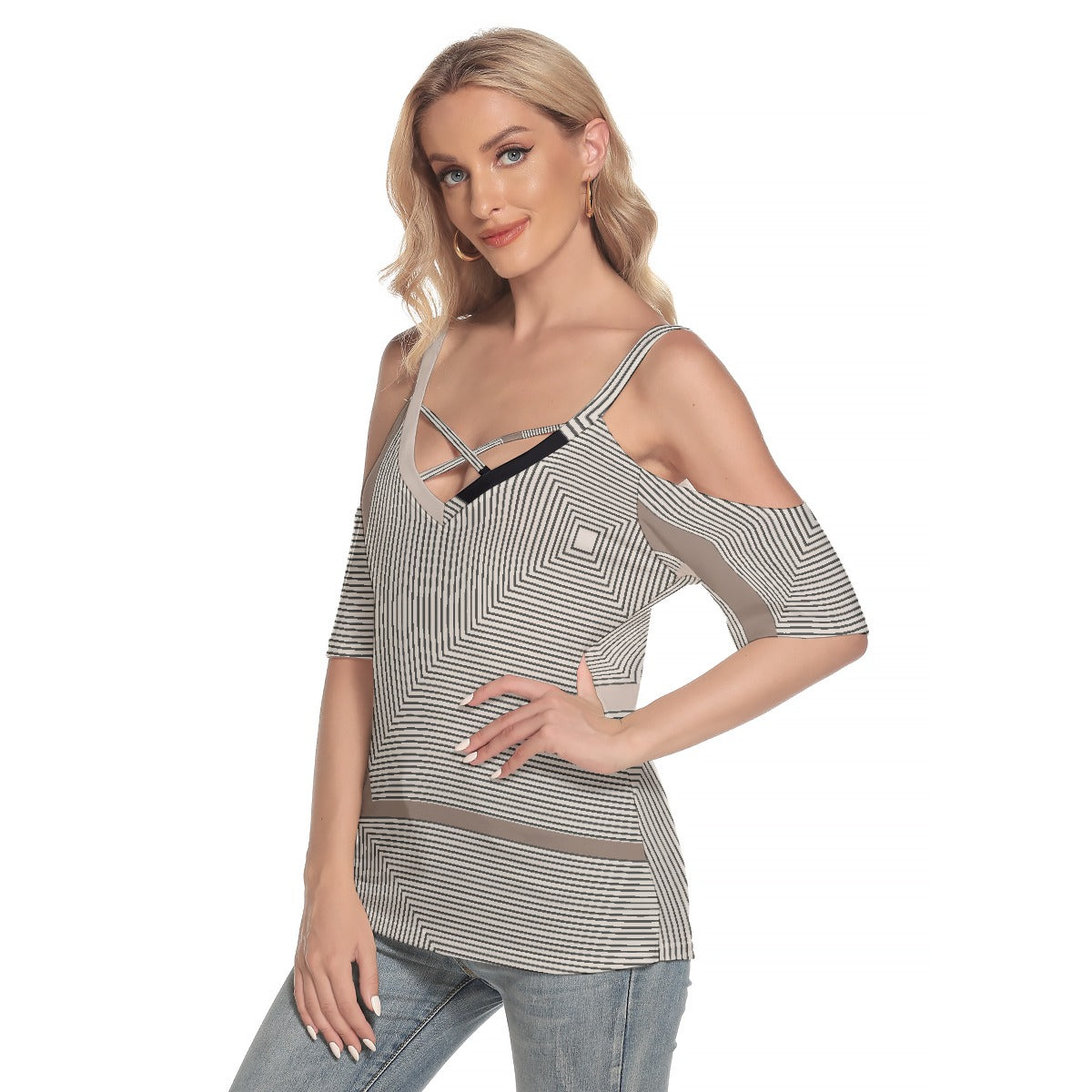 All-Over Print Women's Cold Shoulder T-shirt With Criss Cross Strips