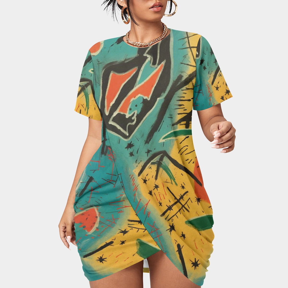 All-Over Print Women’s Stacked Hem Dress With Short Sleeve（Plus Size）