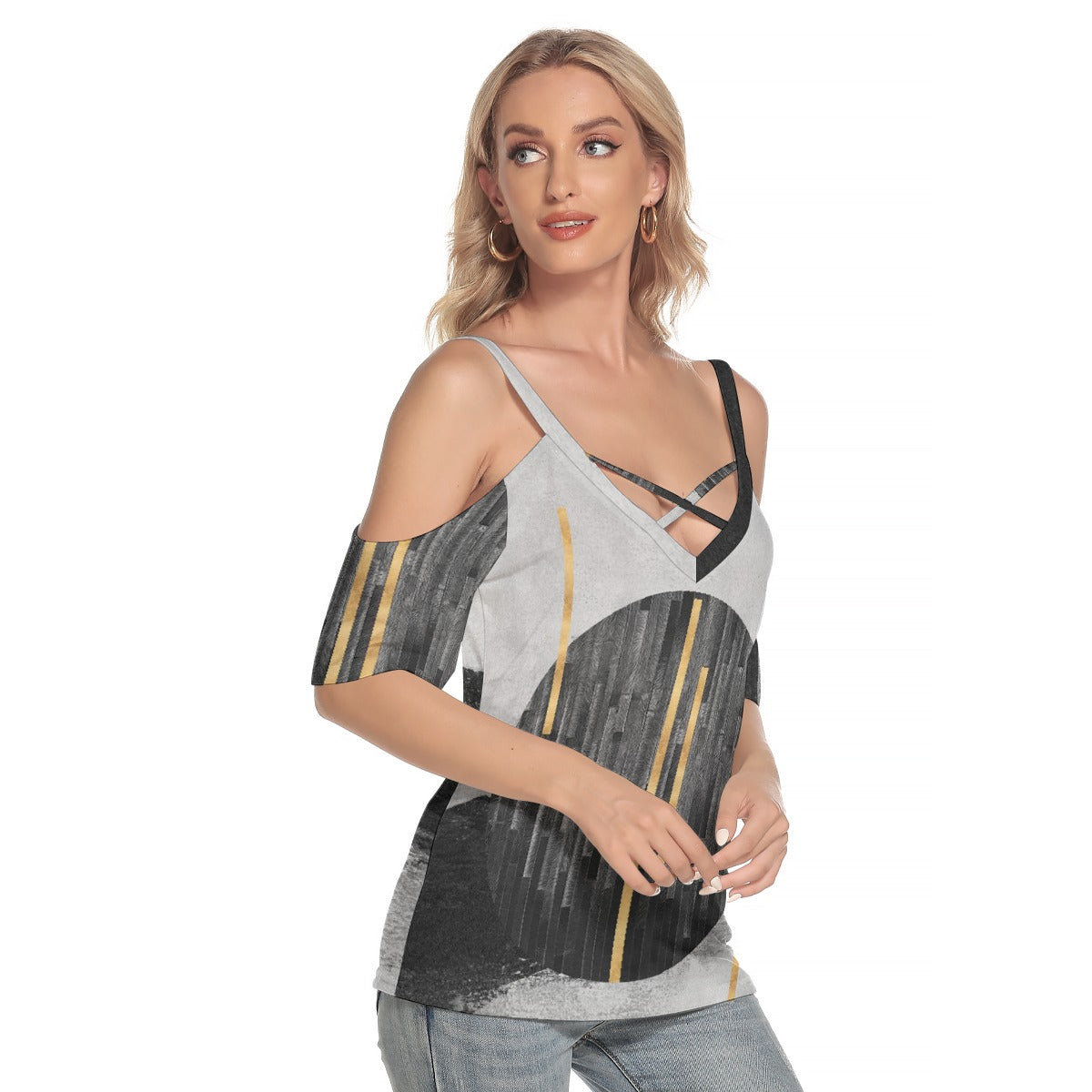 All-Over Print Women's Cold Shoulder T-shirt With Criss Cross Strips