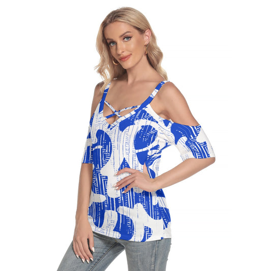 All-Over Print Women's Cold Shoulder T-shirt With Criss Cross Strips