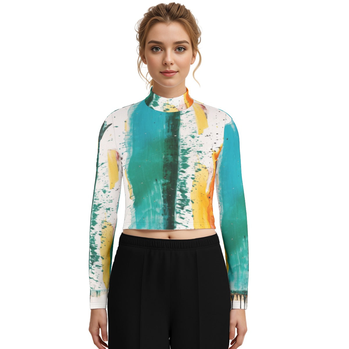 Eco-Friendly All-Over Print Women's Turtleneck T-shirt With Long Sleeve