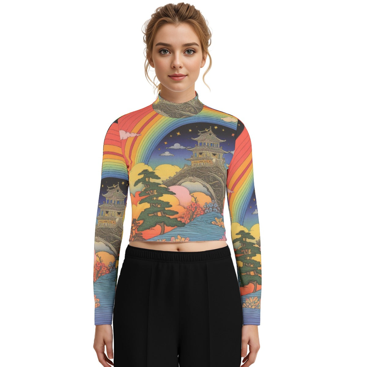 Eco-Friendly All-Over Print Women's Turtleneck T-shirt With Long Sleeve