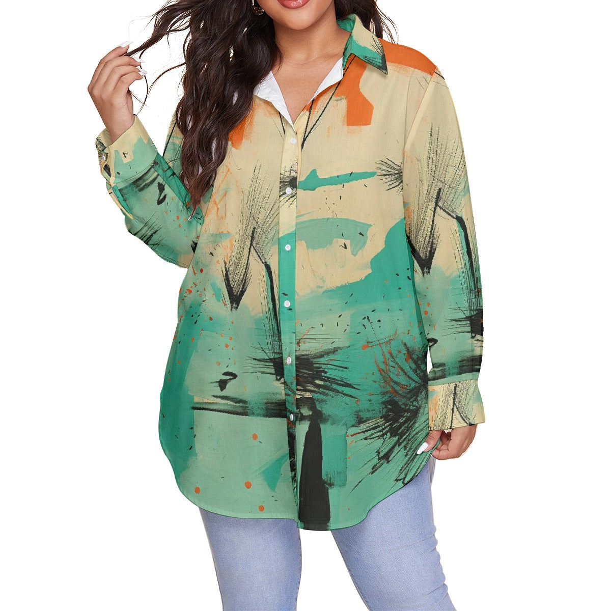 All-Over Print Women's Shirt With Long Sleeve(Plus Size)