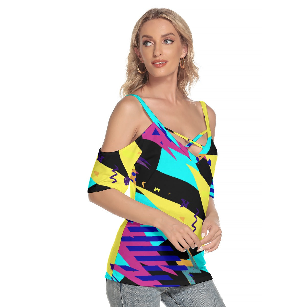 All-Over Print Women's Cold Shoulder T-shirt With Criss Cross Strips