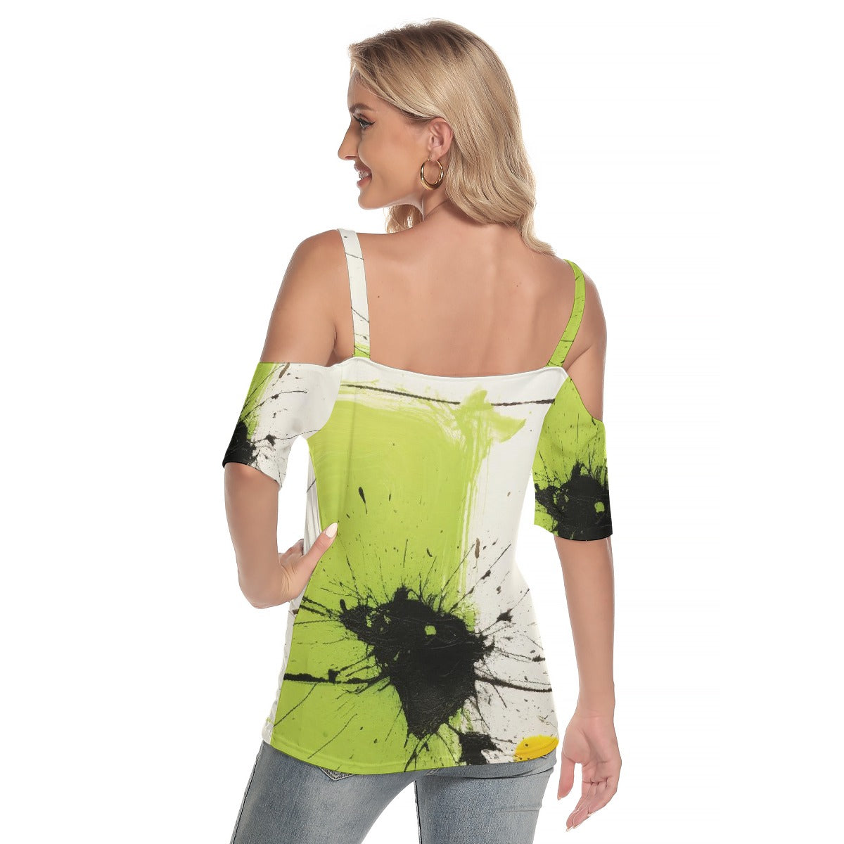 All-Over Print Women's Cold Shoulder T-shirt With Criss Cross Strips