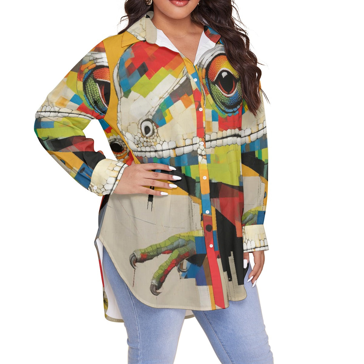 All-Over Print Women's Shirt With Long Sleeve(Plus Size)