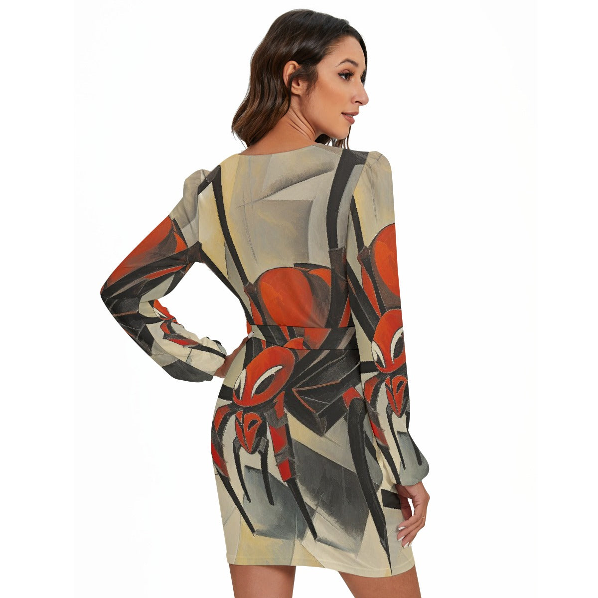 All-Over Print Women's Long Sleeve Dress With Waist Belt