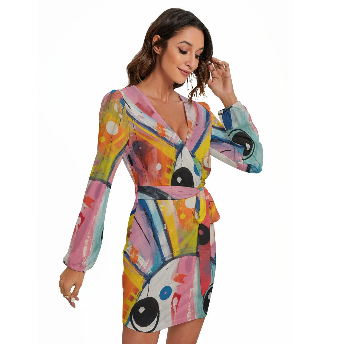 All-Over Print Women's Long Sleeve Dress With Waist Belt