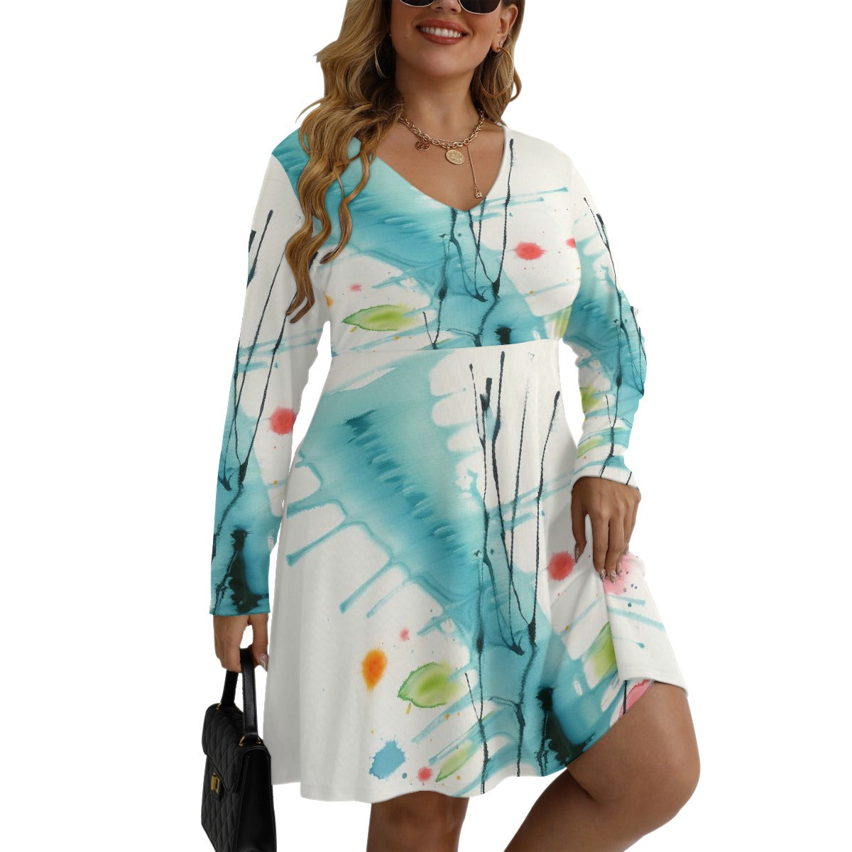 All-Over Print Women's V-neck Long Sleeve Dress(Plus Size)