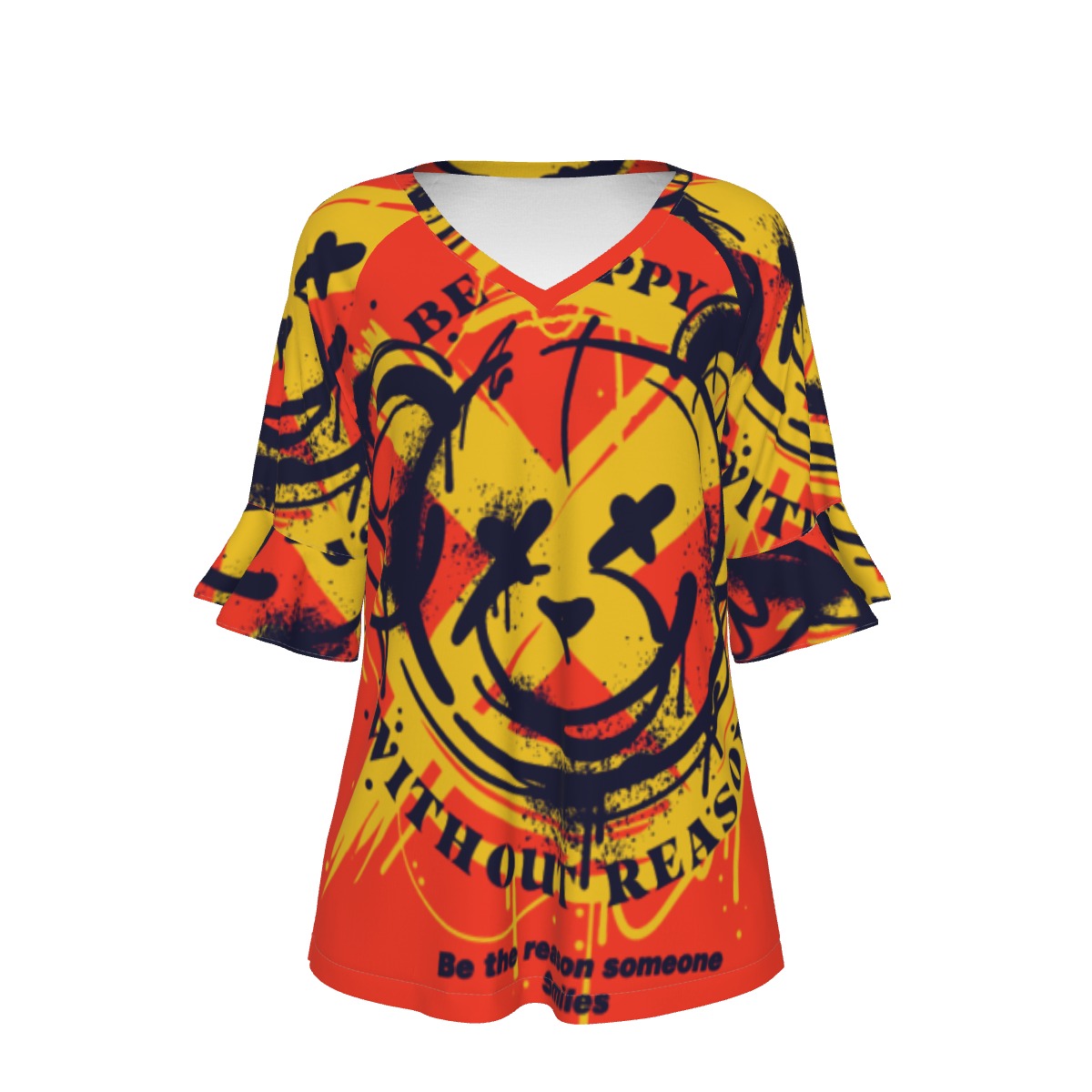 All-Over Print V-neck Women's T-shirt With Bell Sleeve