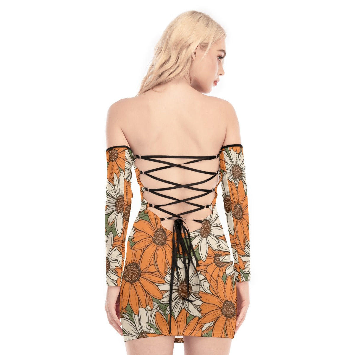 All-Over Print Women's Off-shoulder Back Lace-up Dress