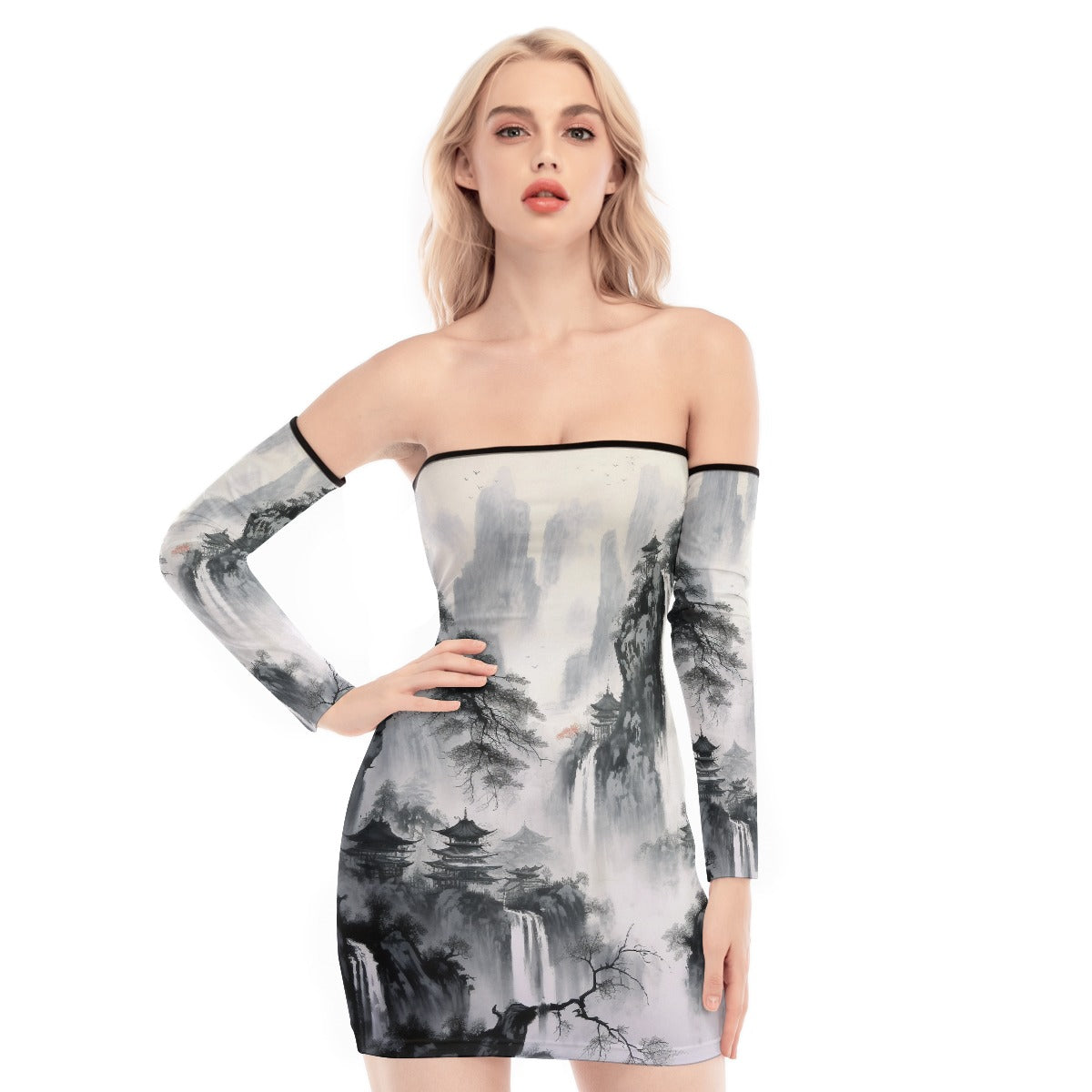 All-Over Print Women's Off-shoulder Back Lace-up Dress