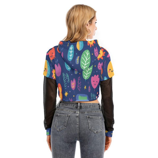 All-Over Print Women's Fake Two-piece Mesh Sleeve Cropped Hoodie