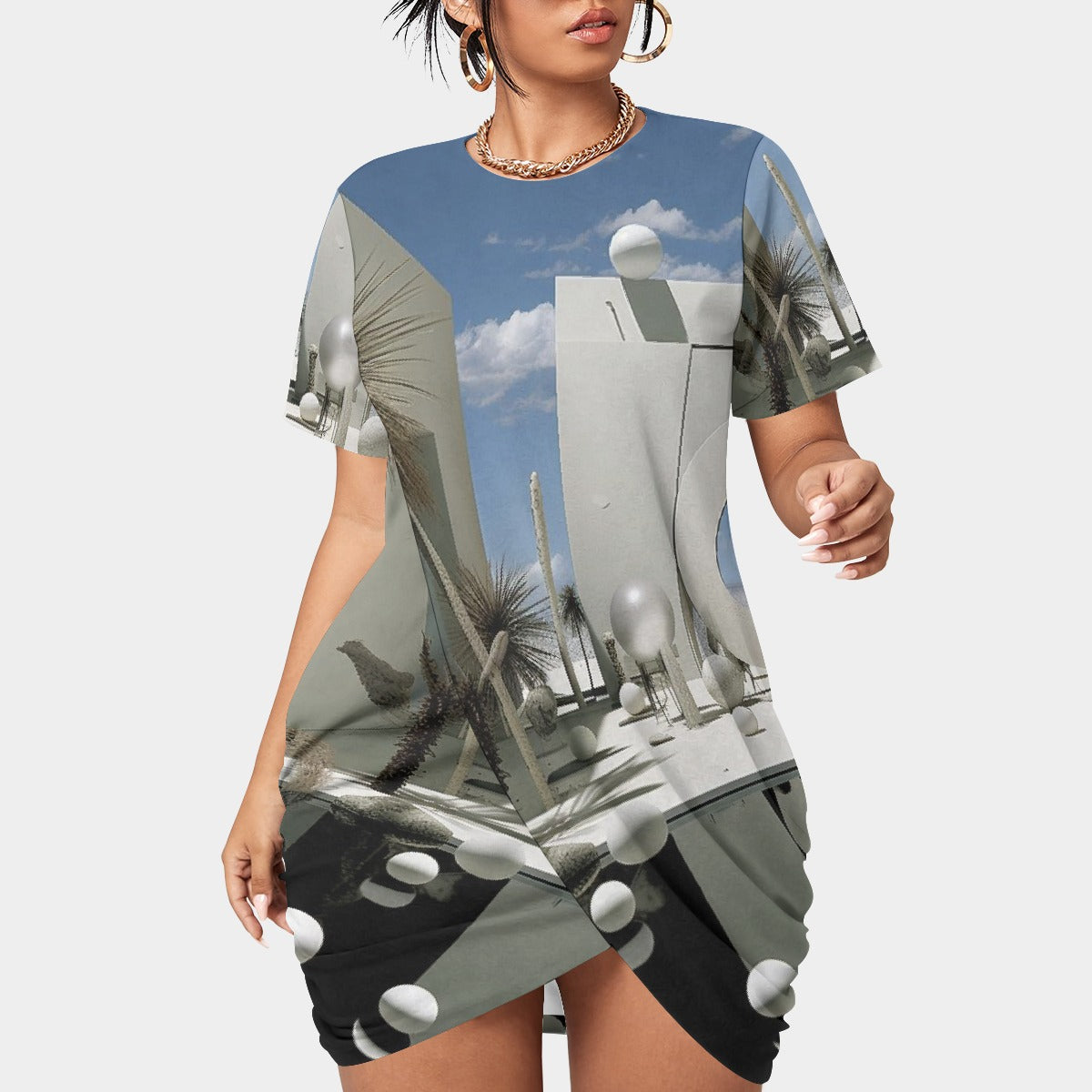 All-Over Print Women’s Stacked Hem Dress With Short Sleeve（Plus Size）