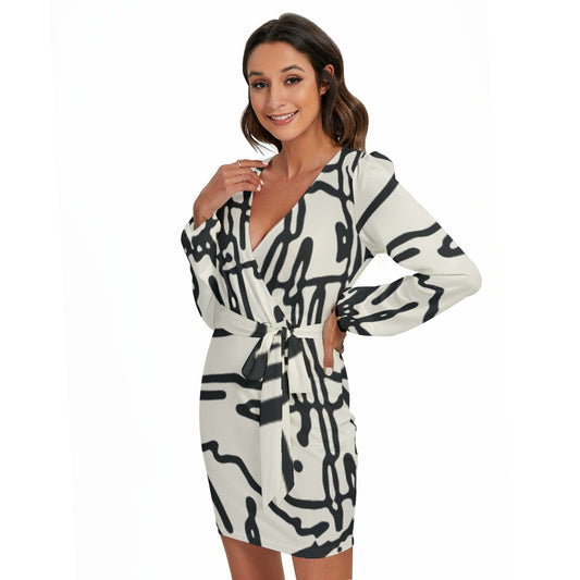 All-Over Print Women's Long Sleeve Dress With Waist Belt