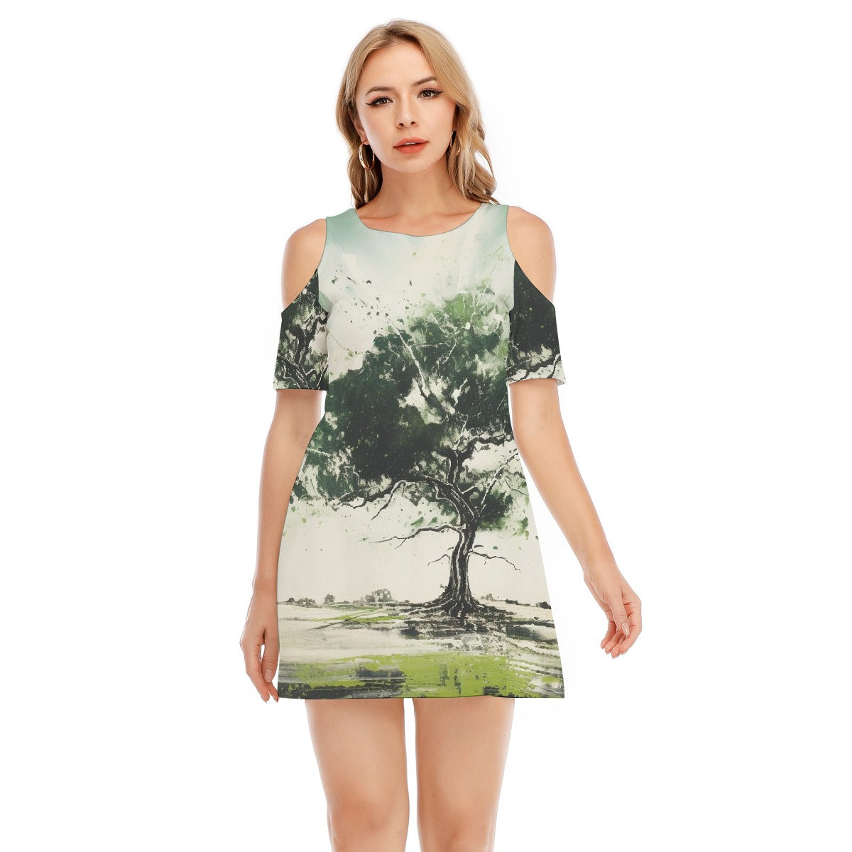 All-Over Print Women's Cold Shoulder Dress | 190GSM Cotton