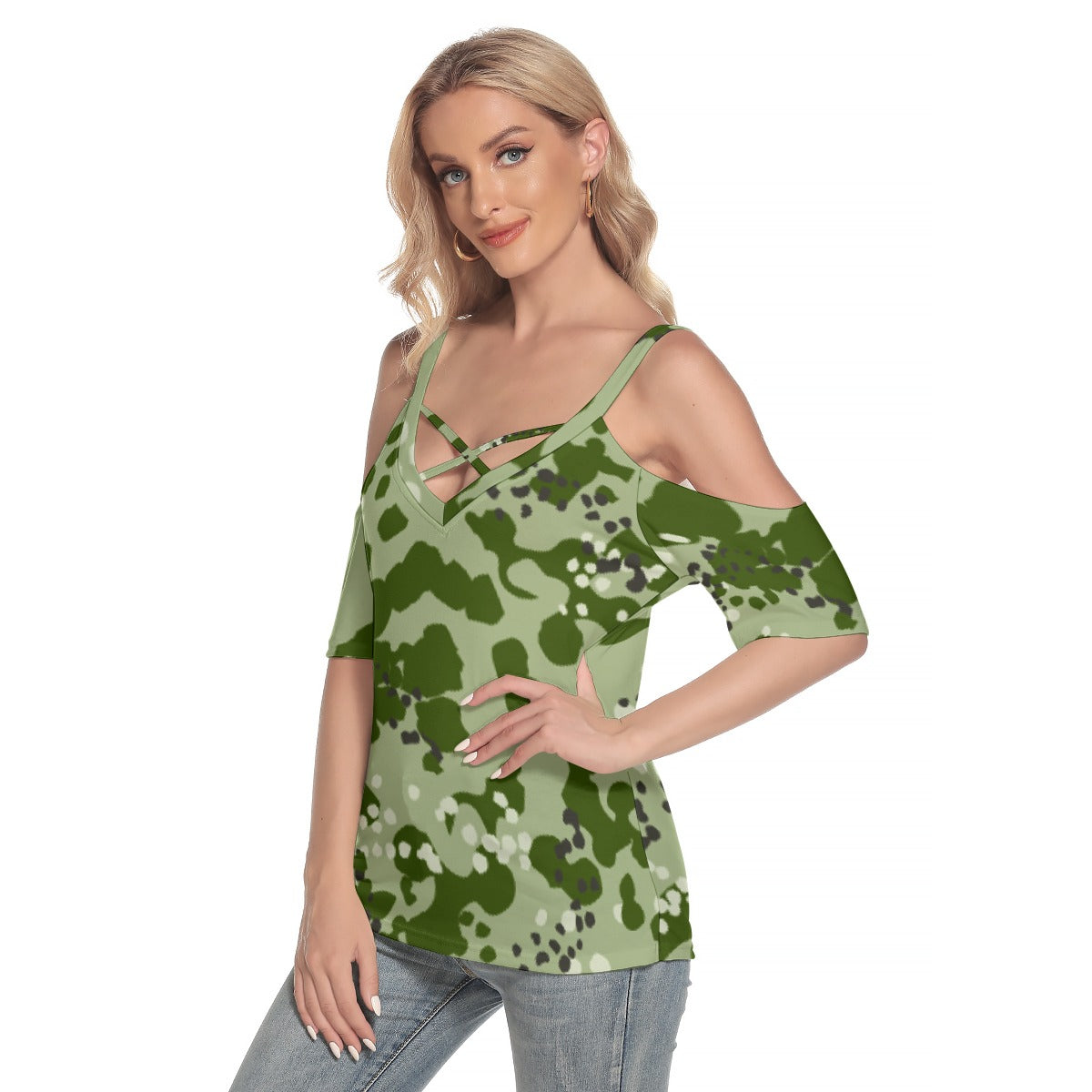 All-Over Print Women's Cold Shoulder T-shirt With Criss Cross Strips