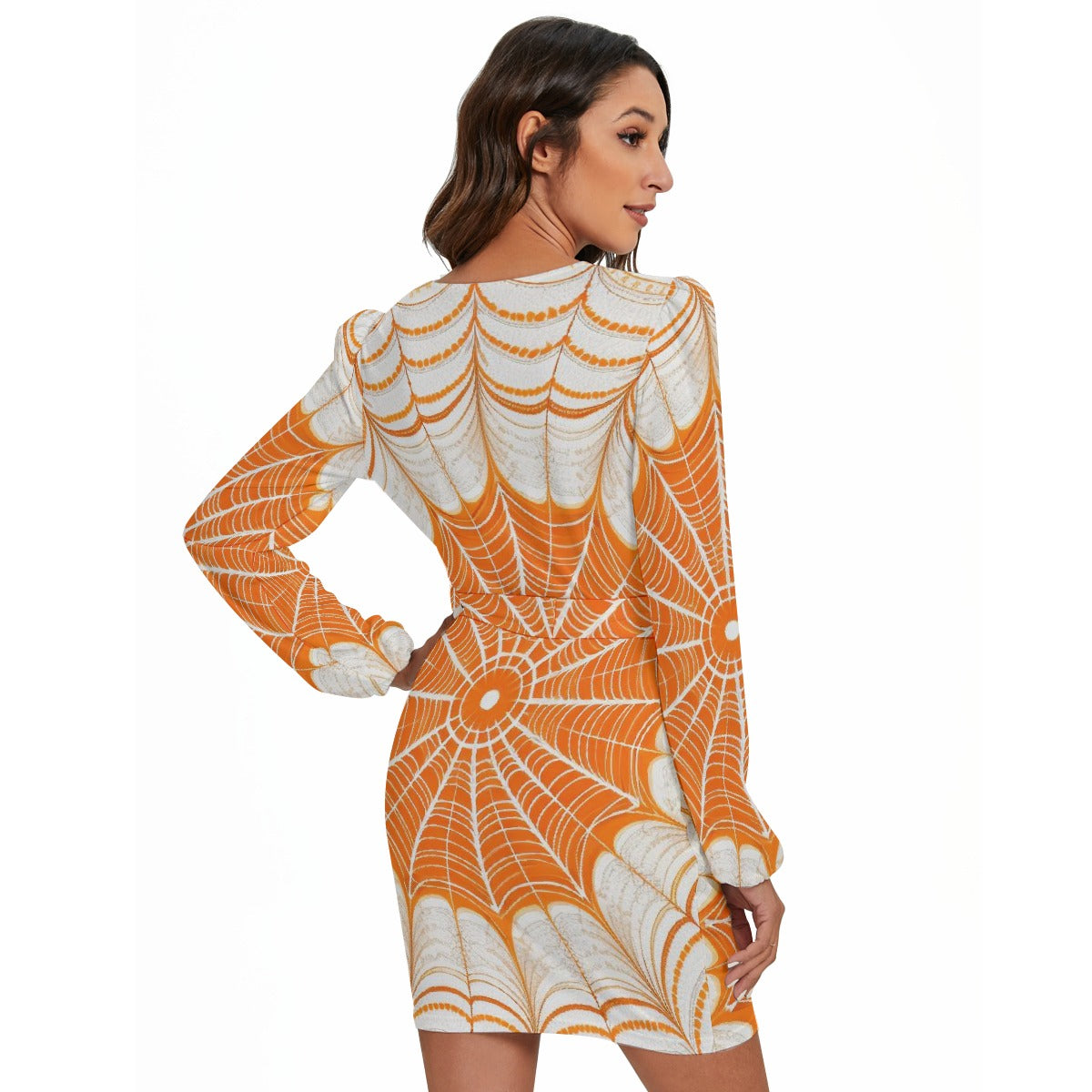 All-Over Print Women's Long Sleeve Dress With Waist Belt