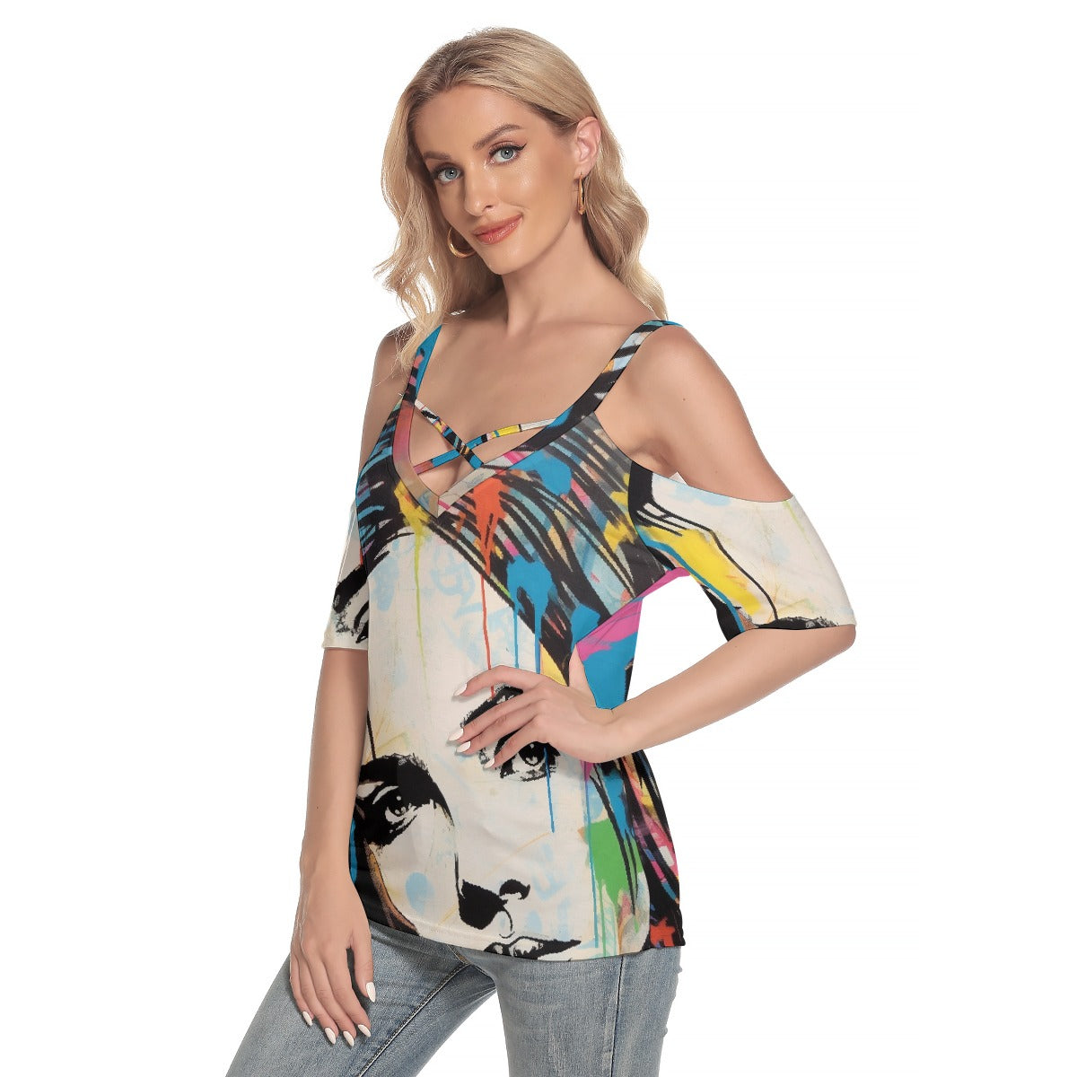 All-Over Print Women's Cold Shoulder T-shirt With Criss Cross Strips