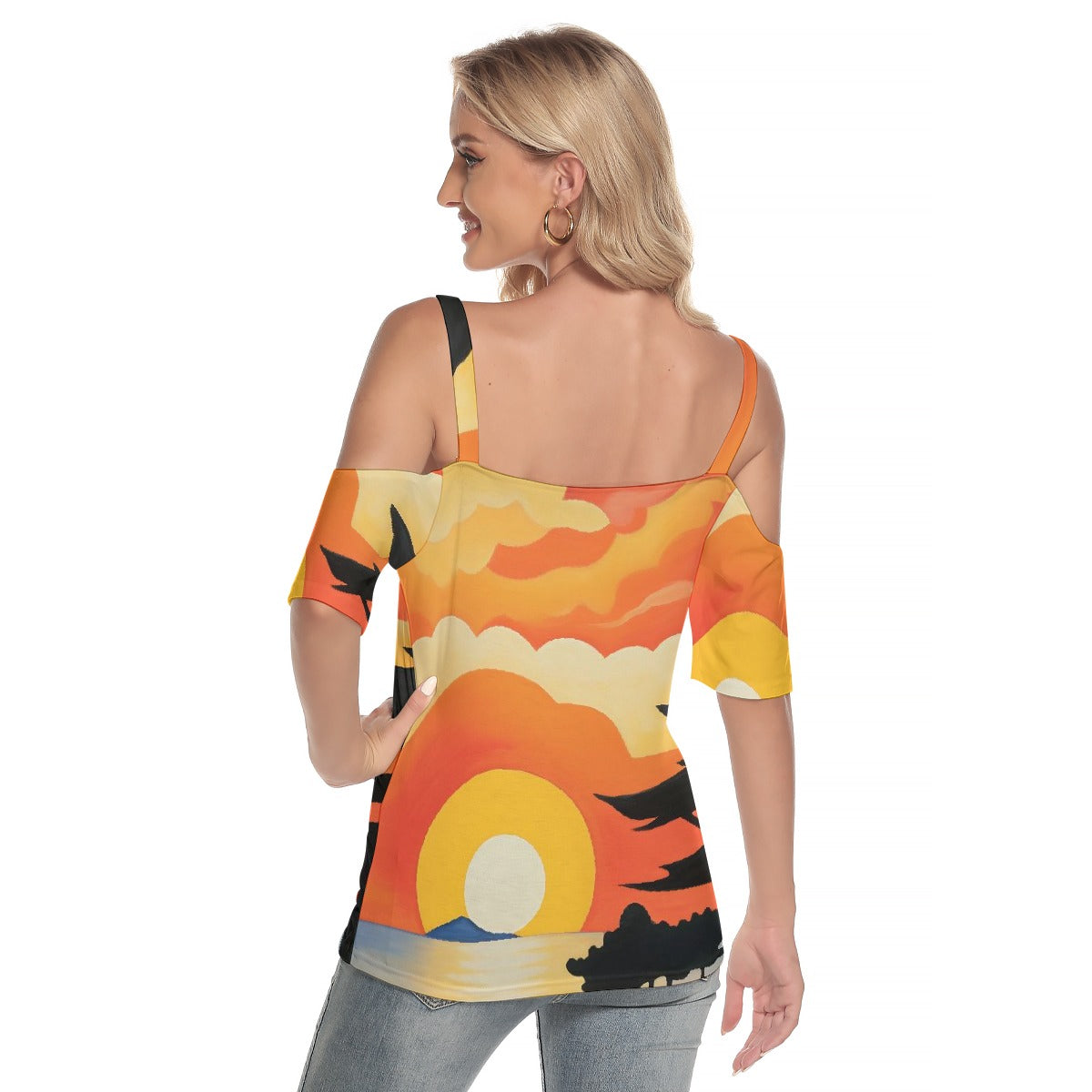 All-Over Print Women's Cold Shoulder T-shirt With Criss Cross Strips