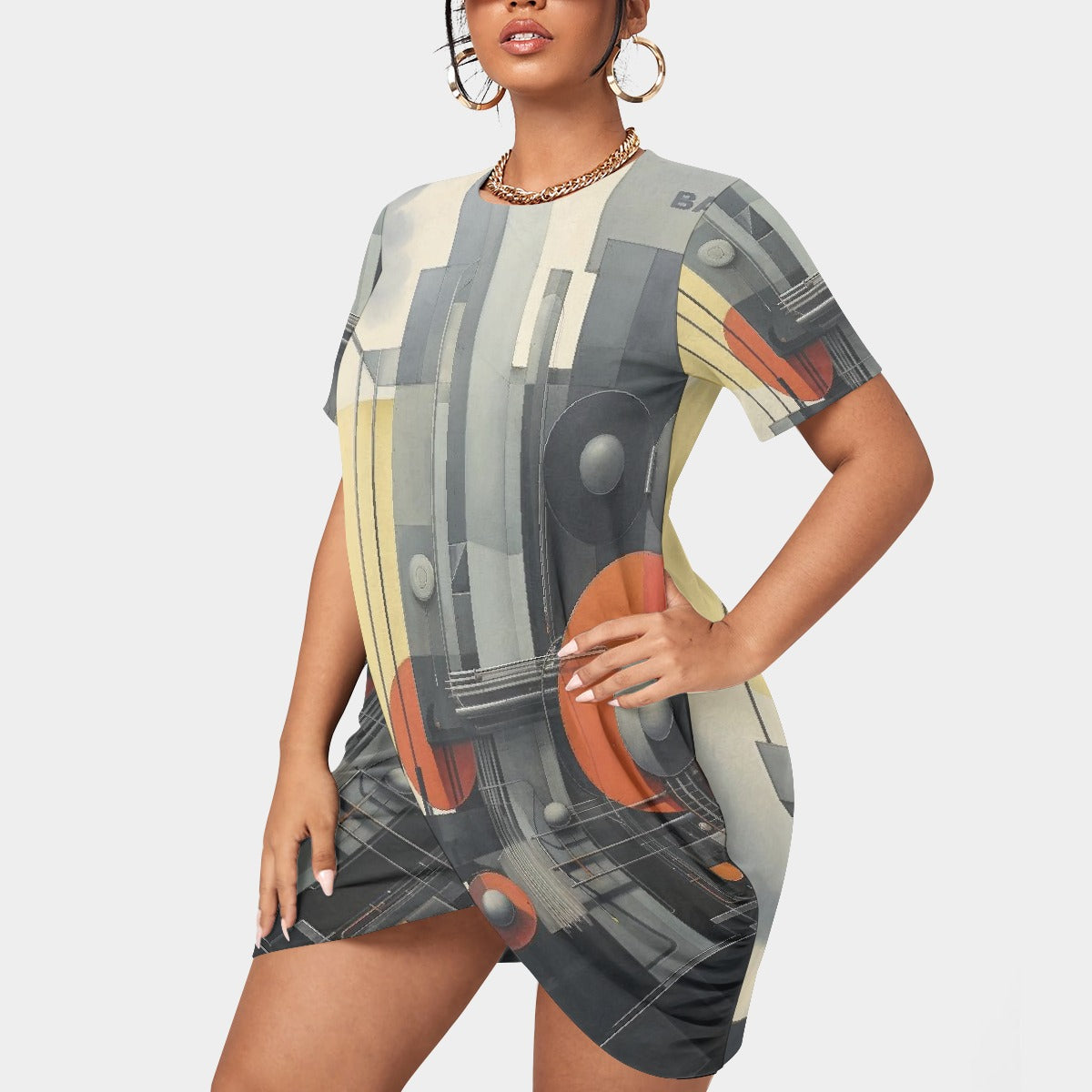 All-Over Print Women’s Stacked Hem Dress With Short Sleeve（Plus Size）