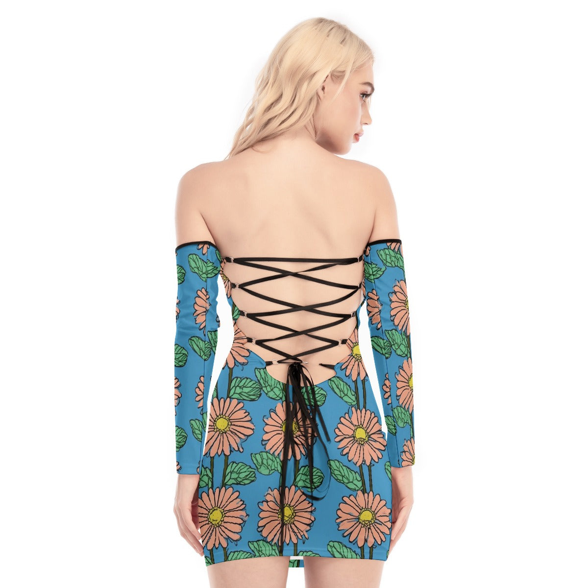 All-Over Print Women's Off-shoulder Back Lace-up Dress