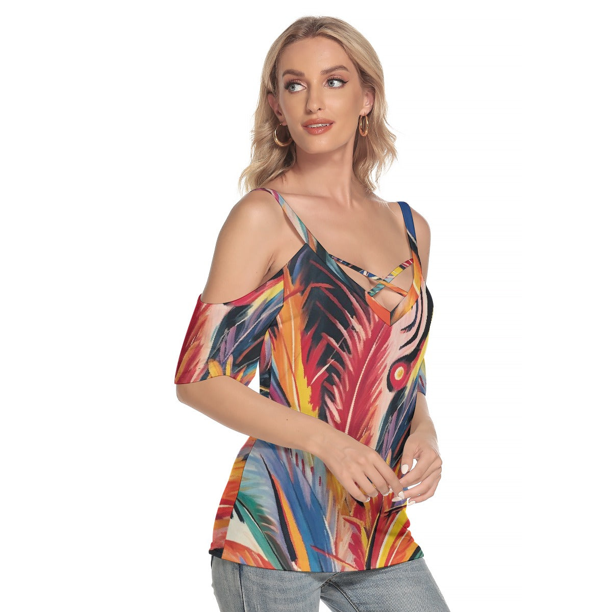 All-Over Print Women's Cold Shoulder T-shirt With Criss Cross Strips