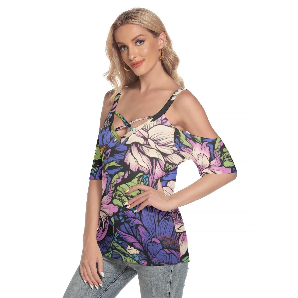 All-Over Print Women's Cold Shoulder T-shirt With Criss Cross Strips