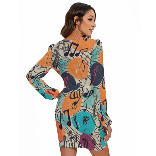 All-Over Print Women's Long Sleeve Dress With Waist Belt