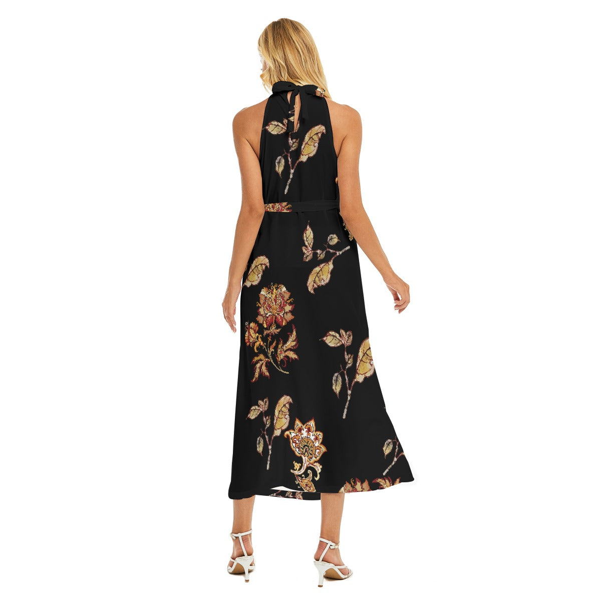 All-Over Print Women's Wrap Hem Belted Halter Dress