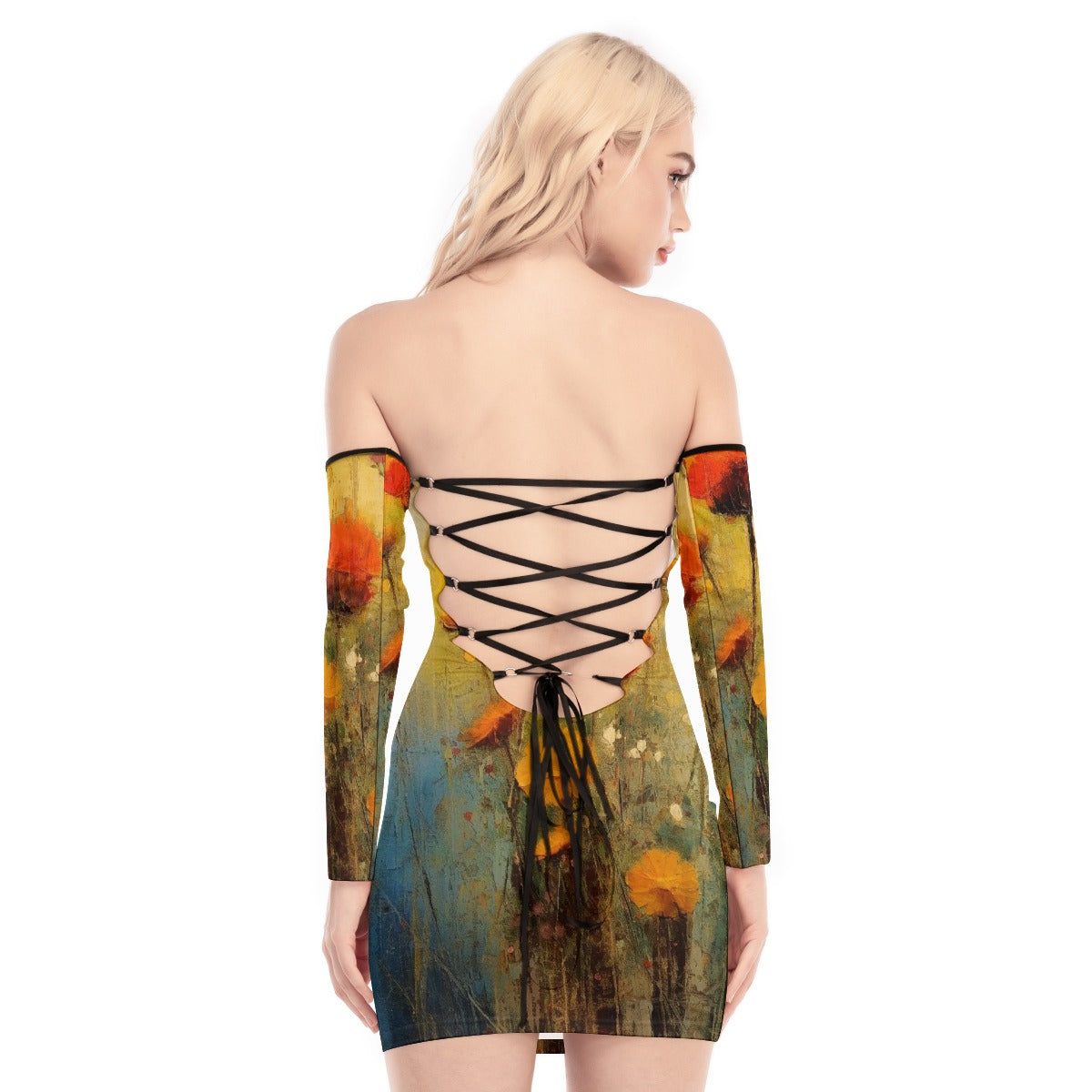 All-Over Print Women's Off-shoulder Back Lace-up Dress