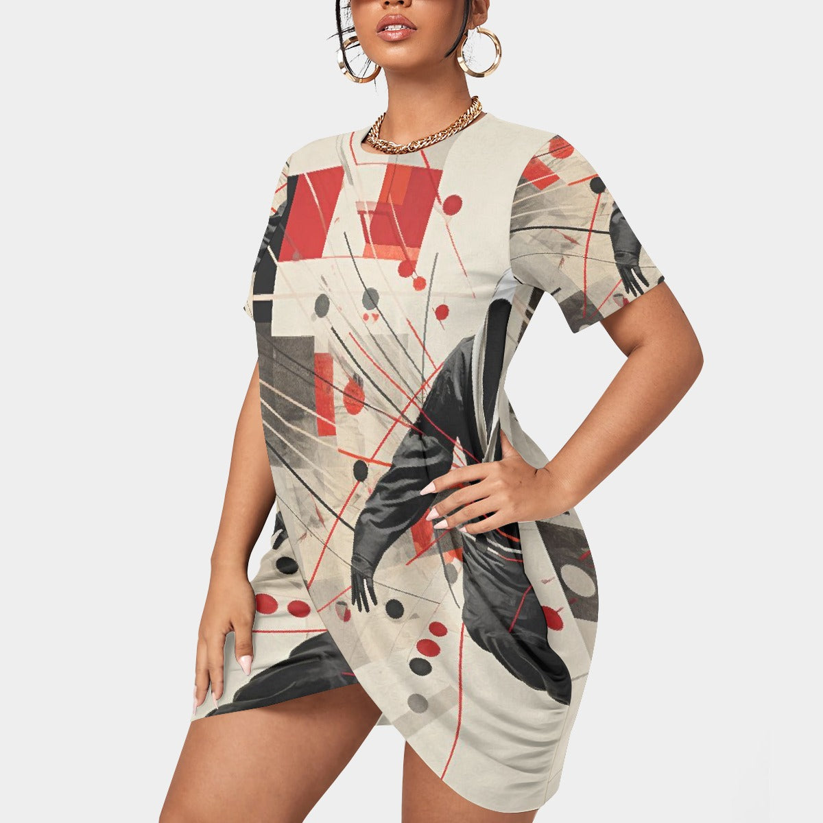 All-Over Print Women’s Stacked Hem Dress With Short Sleeve（Plus Size）