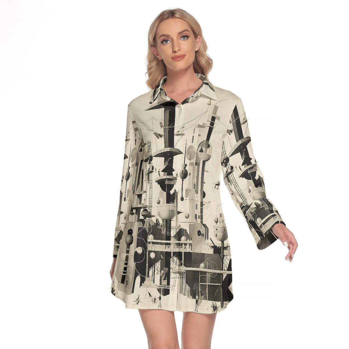 All-Over Print Women's Lapel Shirt Dress With Long Sleeve