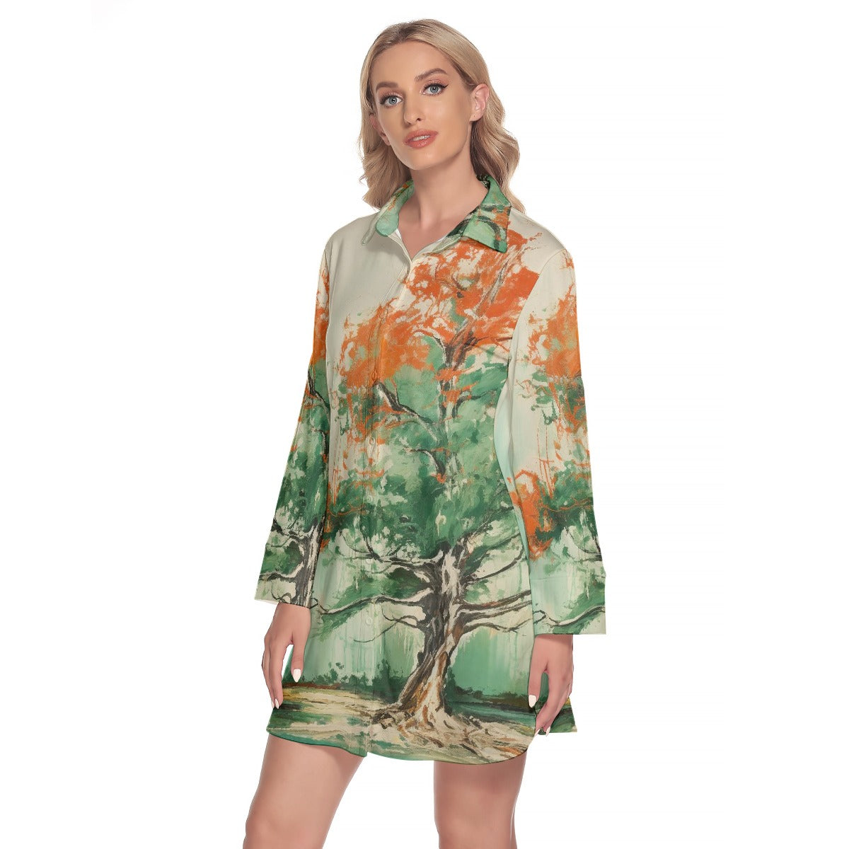 All-Over Print Women's Lapel Shirt Dress With Long Sleeve